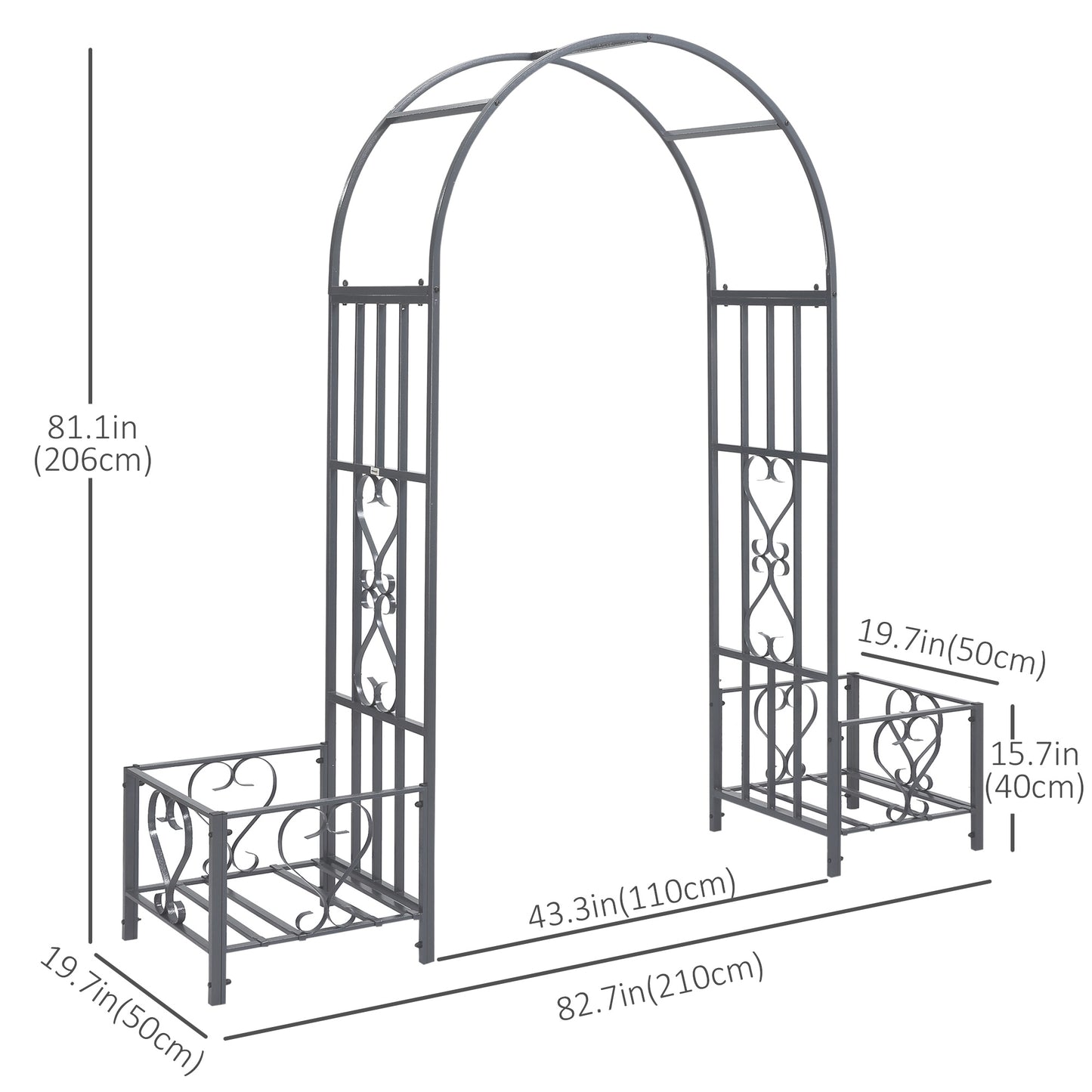 7FT Metal Garden Arch with 2 Planter Boxes, Decorative Outdoor Walkway Arbor for Climbing Vine Plants for Patio Backyard Lawn Party Ceremony, Dark Grey