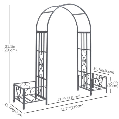 7FT Metal Garden Arch with 2 Planter Boxes, Decorative Outdoor Walkway Arbor for Climbing Vine Plants for Patio Backyard Lawn Party Ceremony, Dark Grey