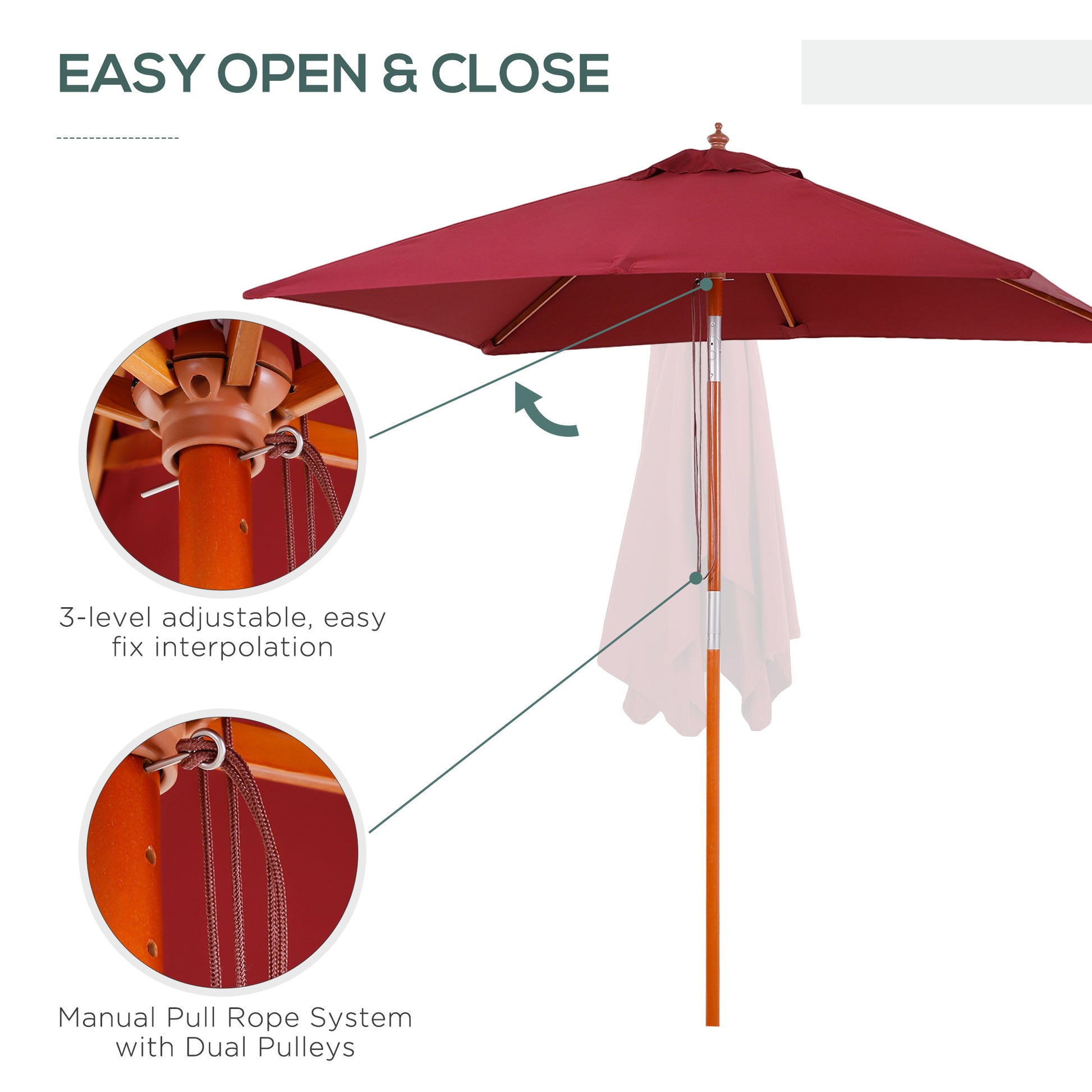6.6x5ft Square Market Parasol, Wooden Patio Umbrella with Tilt Mechanism and 6 Bamboo Ribs, Garden Sunshade, Wine Red