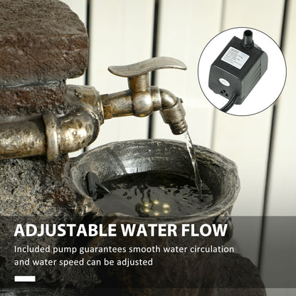 5-Tiered Faucet & Barrel Outdoor Water Fountain with LED Lights, Adjustable Flow, 39.4-inch Resin Waterfall Fountain