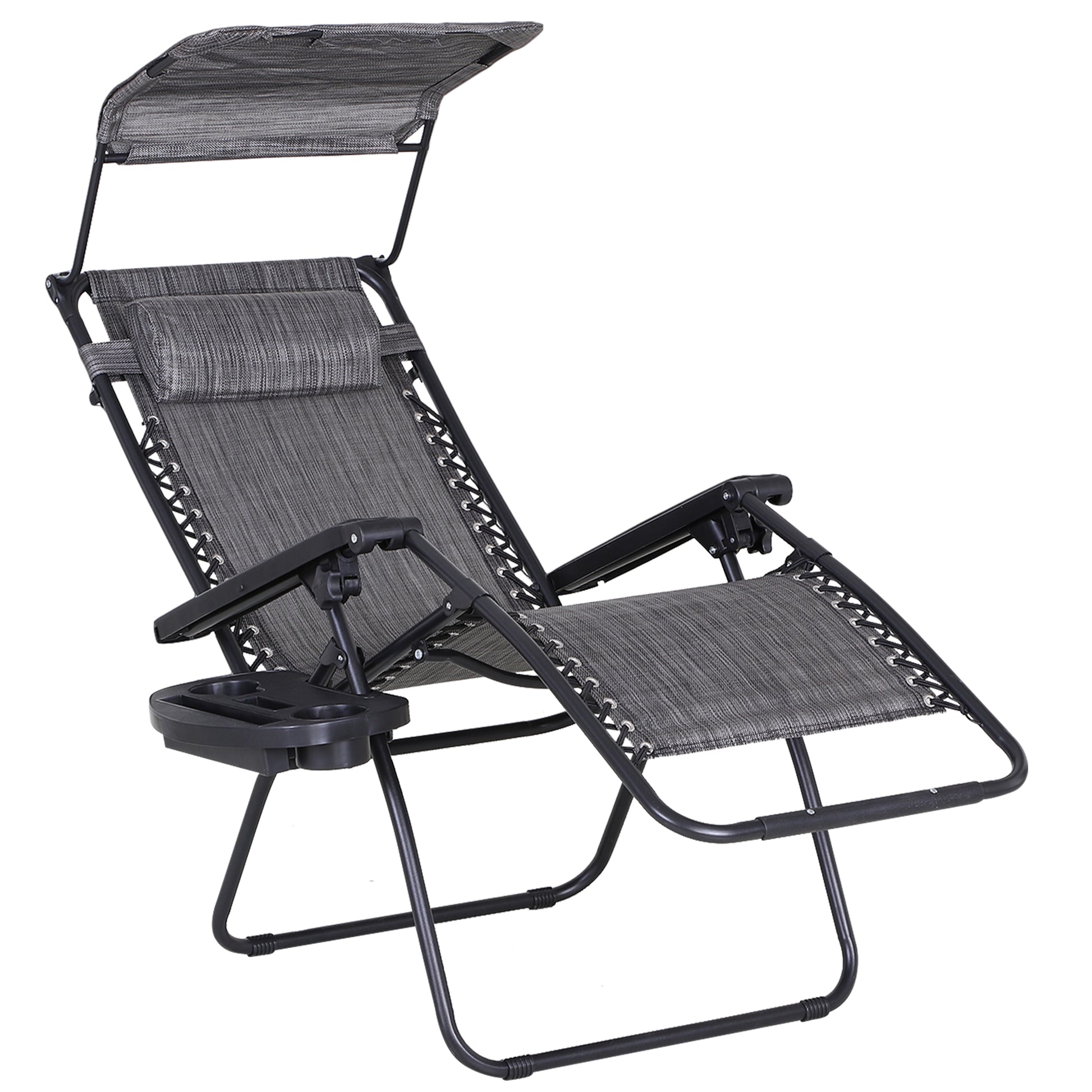 Outdoor Zero Gravity Reclining Lounger Chair with Canopy Shade, Side Tray, Cupholder, Dark Grey