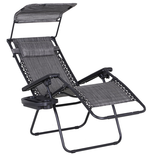 Outdoor Zero Gravity Reclining Lounger Chair with Canopy Shade, Side Tray, Cupholder, Dark Grey