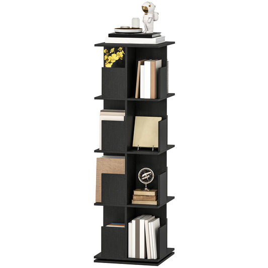 360° Rotating Bookcase with Anti-Tipping Straps, Anti-Slip Foot Pads, 4 Tier Bookshelf with 16 Cubbies for Books, Plants, Decorations, Black