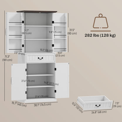 71" LED Kitchen Pantry Cabinet, Farmhouse Storage Cabinet with Door Shelves, Distressed White