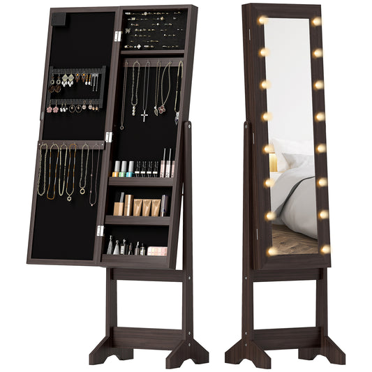 Free Standing Armoire Organizer, Lighted Mirrored Jewelry Cabinet w/ Angle Adjustable & 16 LED Lights, Dark Brown