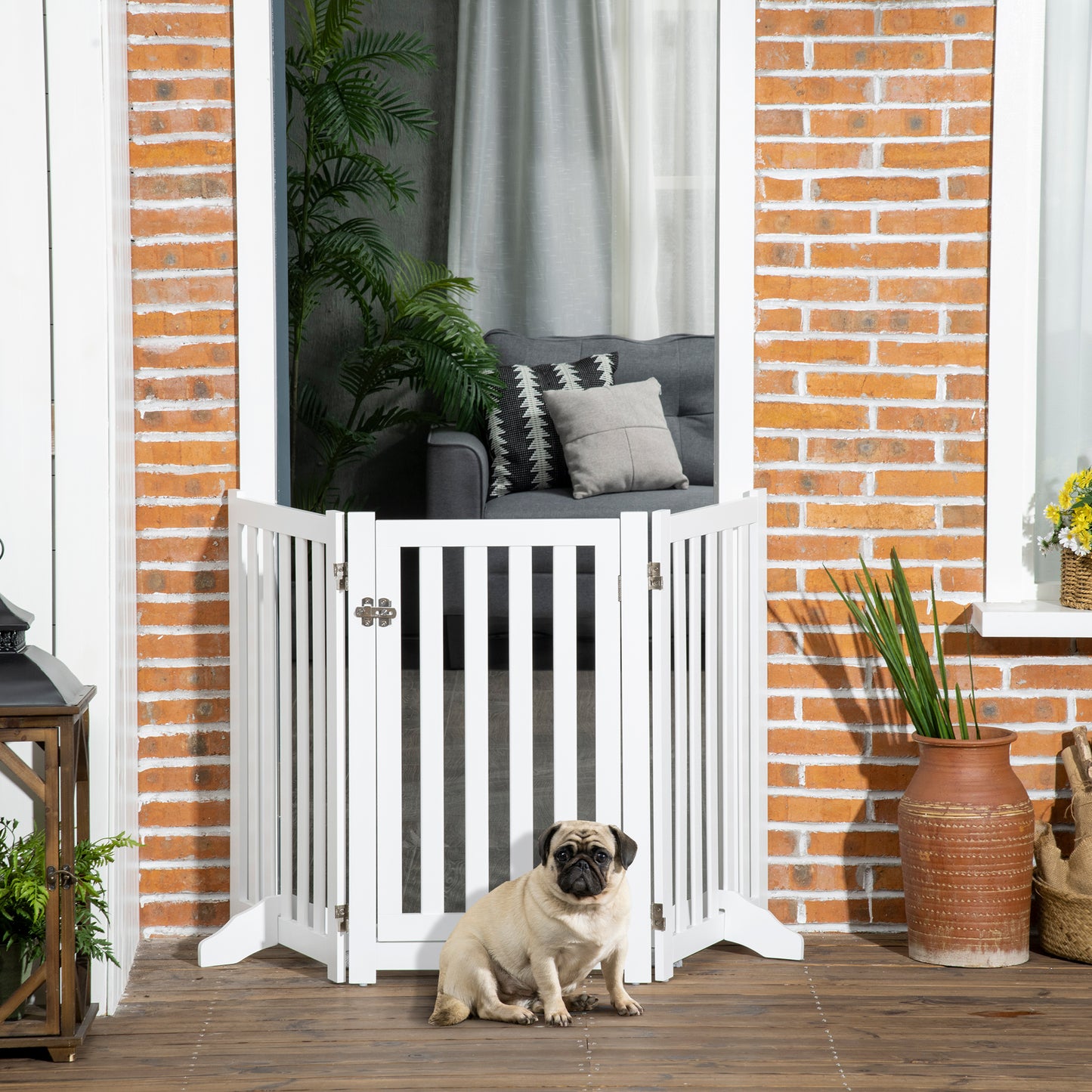 31.5"H Foldable Dog Gate with Door, 3 Panels Freestanding Pet Gate Barriers Indoor with Support Feet, Puppy Fence for Small Medium Dogs, White