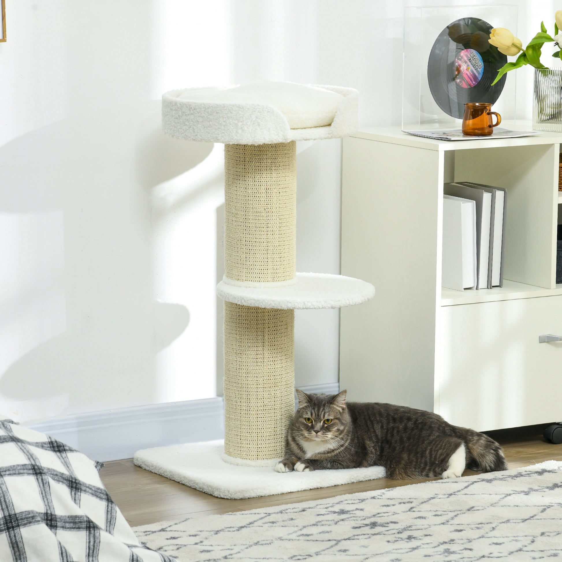 Cat Tree Kitty Tower with Sisal Mat Scratching Post, Cat Bed, Cushion, Perch, 18" x 18" x 36", Cream White