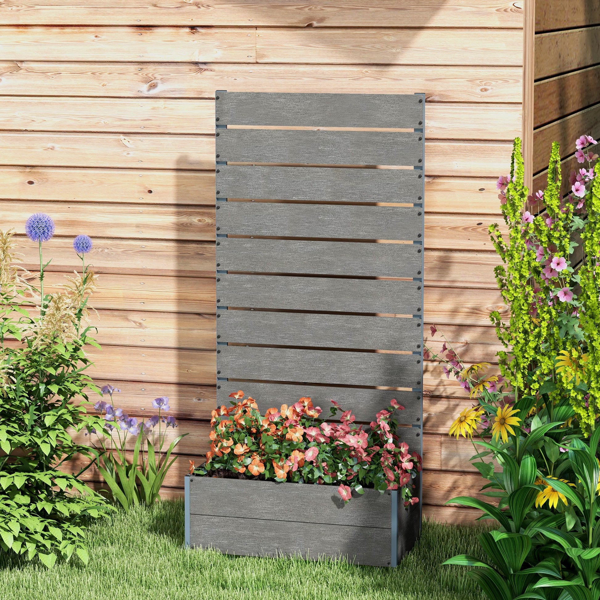 Raised Garden Bed with Trellis, Freestanding Elevated Planter Box for Climbing Vines, 28" x 15" x 59", Dark Grey