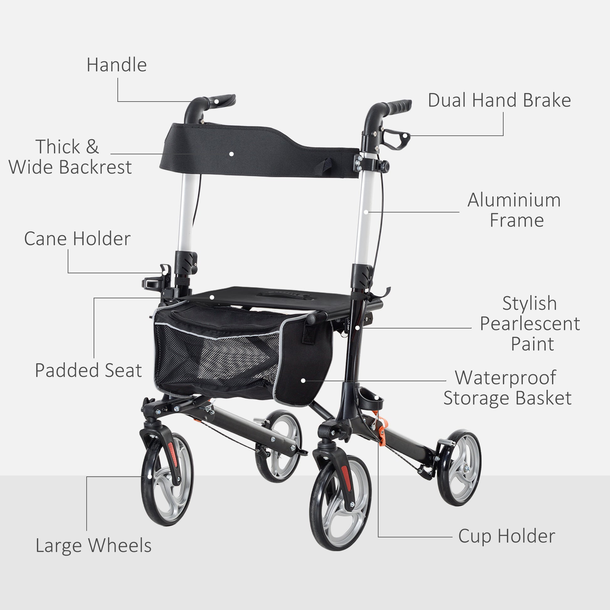 Lightweight Folding Rolling Walker with Large Seat, Back, Adjustable Handle, Bag, Dual Brake, Cane Holder, Black