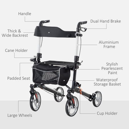 Lightweight Folding Rolling Walker with Large Seat, Back, Adjustable Handle, Bag, Dual Brake, Cane Holder, Black