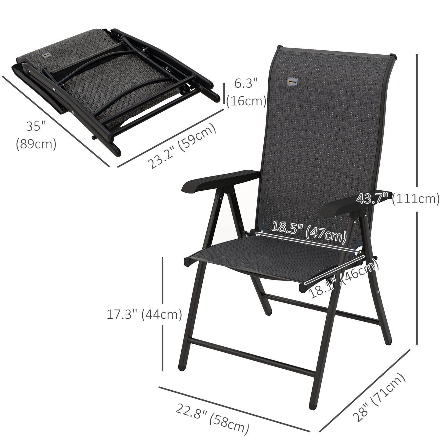 2PCs Outdoor Wicker Folding Chairs with Adjustable Backrest, Grey
