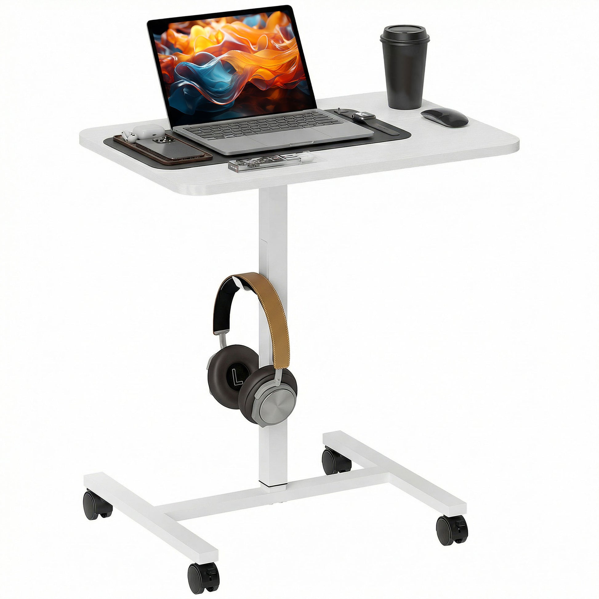 Height Adjustable Standing Desk, Pneumatic Sit Stand Desk with Wheels and Headphone Hook, White Wood Grain