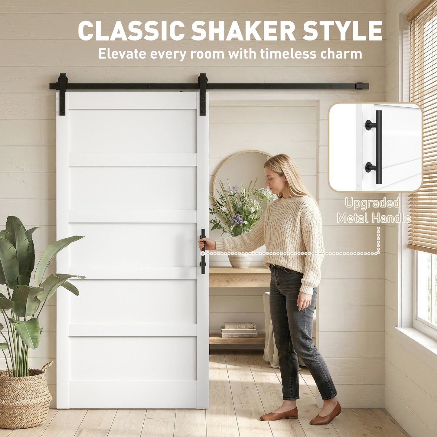 42"x84" Sliding Barn Door with Hardware Kit, Shaker Style Sliding Door with Handle, Track, Floor Guide, White Wood Grain