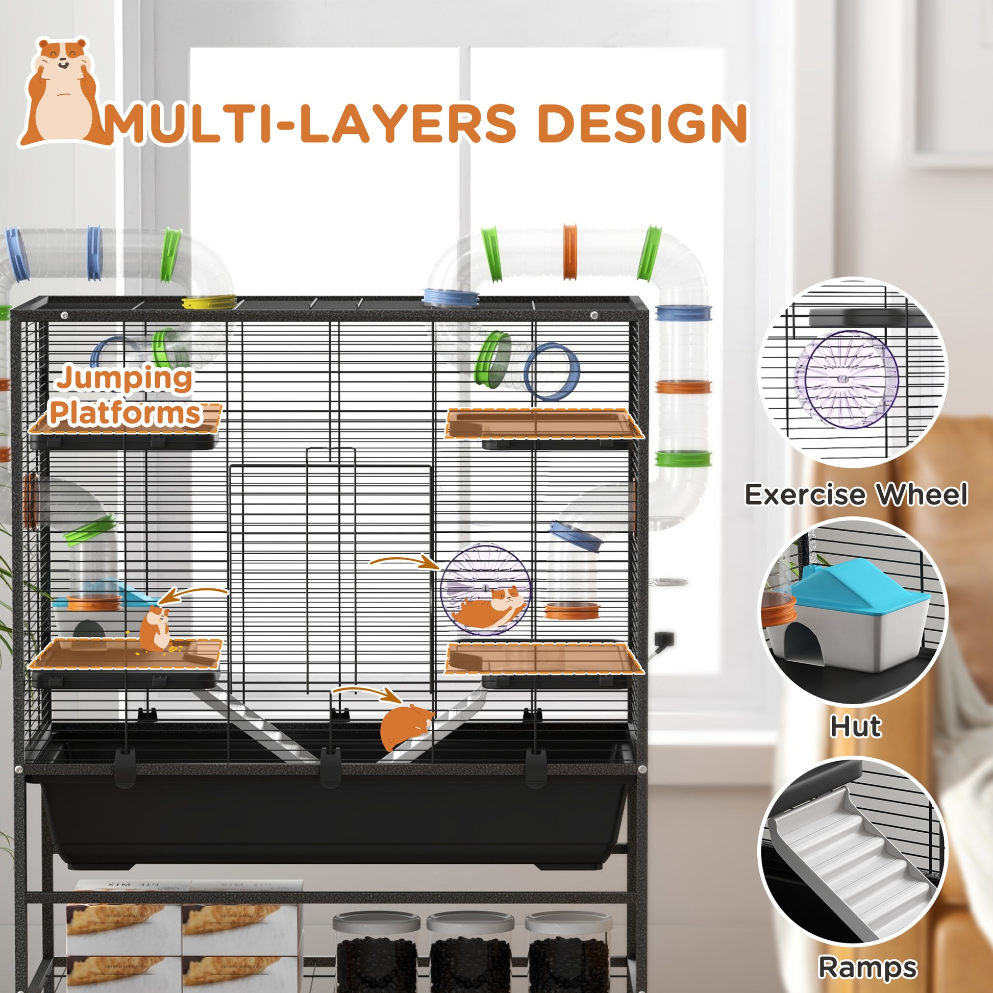 43" Rolling Hamster Cage with Tunnel Tube System, Storage Shelf, Exercise Wheel, Food Dish, Water Bottle, Ramp