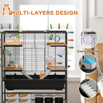 43" Rolling Hamster Cage with Tunnel Tube System, Storage Shelf, Exercise Wheel, Food Dish, Water Bottle, Ramp