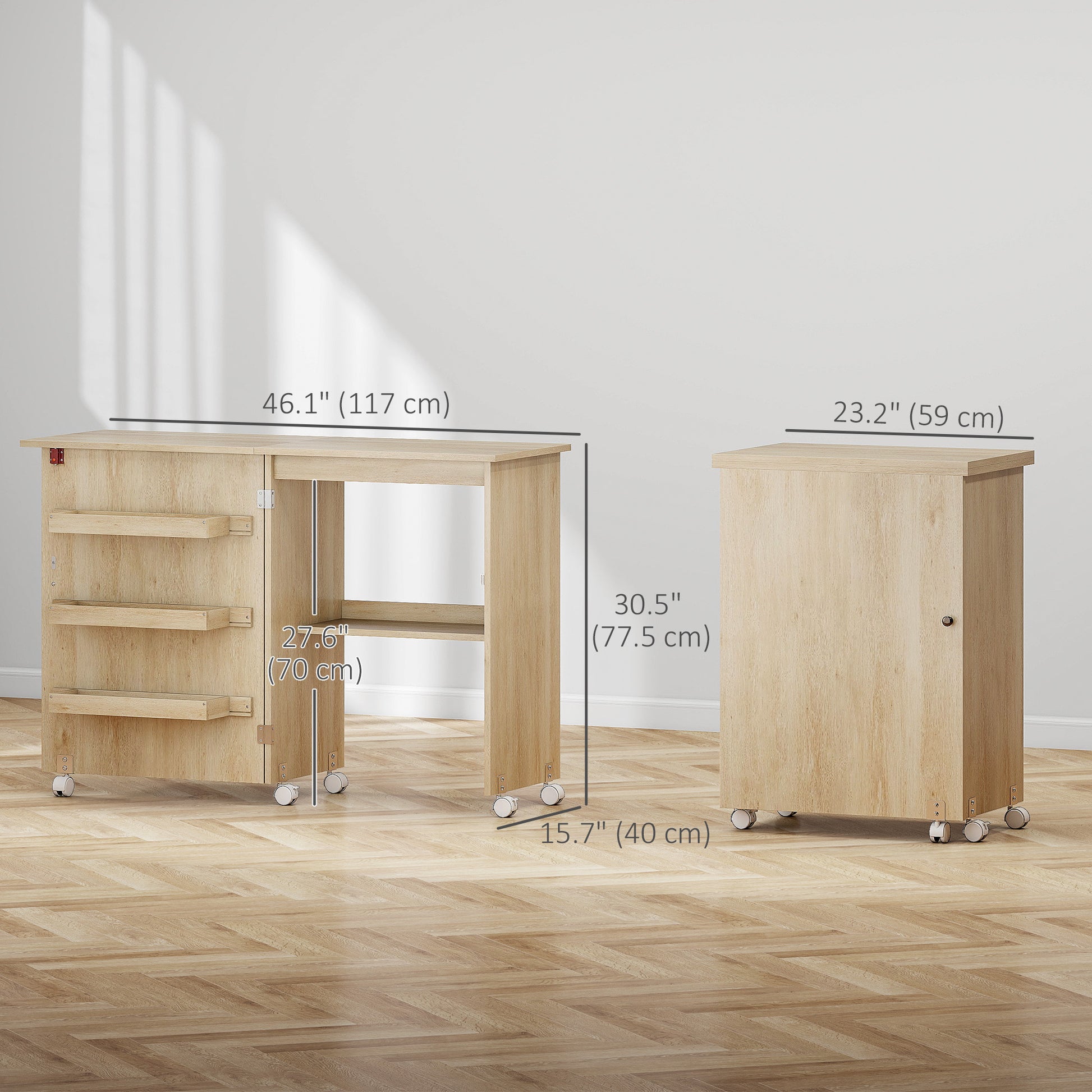Sewing Machine Cabinet, Folding Sewing Table with Storage Shelf, Bins and Lockable Wheels for Small Space, Nature Wood
