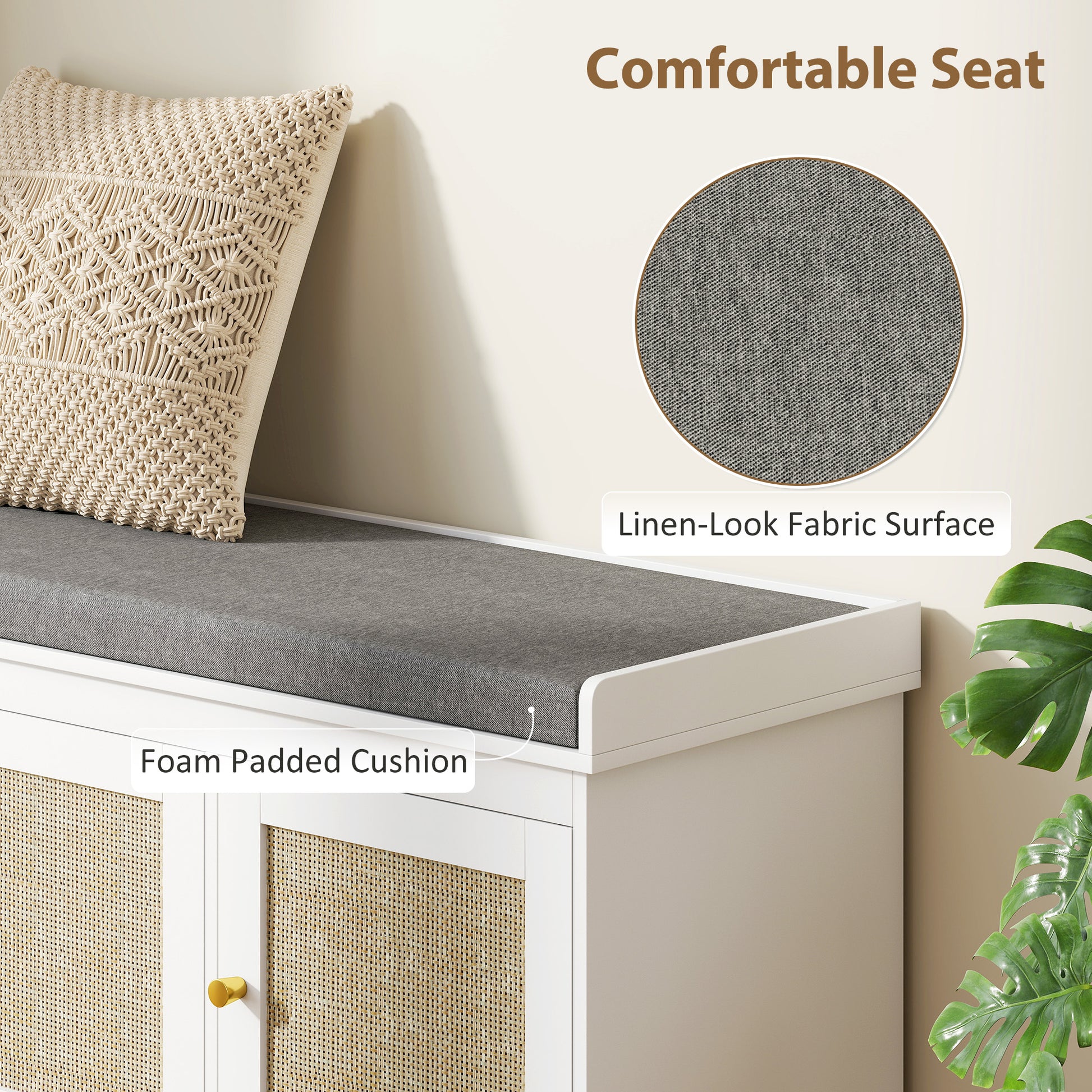 Shoe Storage Bench with Woven Rattan Doors, Shoe Bench with Cushion, Adjustable Shelves, Entryway Bench, White