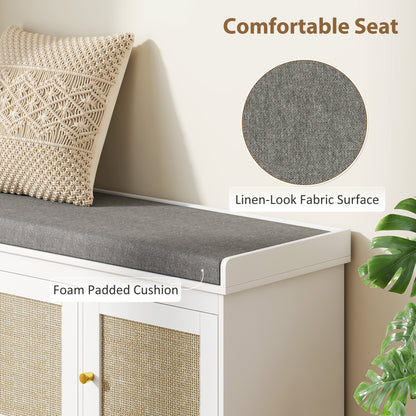 Shoe Storage Bench with Woven Rattan Doors, Shoe Bench with Cushion, Adjustable Shelves, Entryway Bench, White