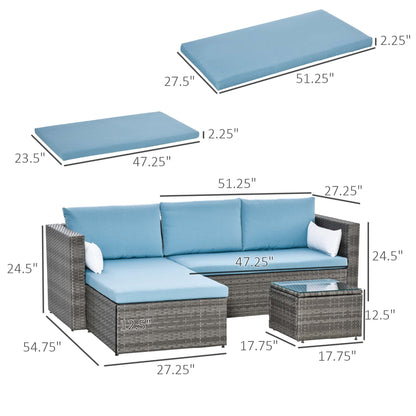 3-Piece Patio Furniture Set Modern Sectional Sofa Rattan Chair Wicker Conversation Set Outdoor Hand Woven Rattan Wicker Furniture Patio Coffee Table Sofa Set, Blue