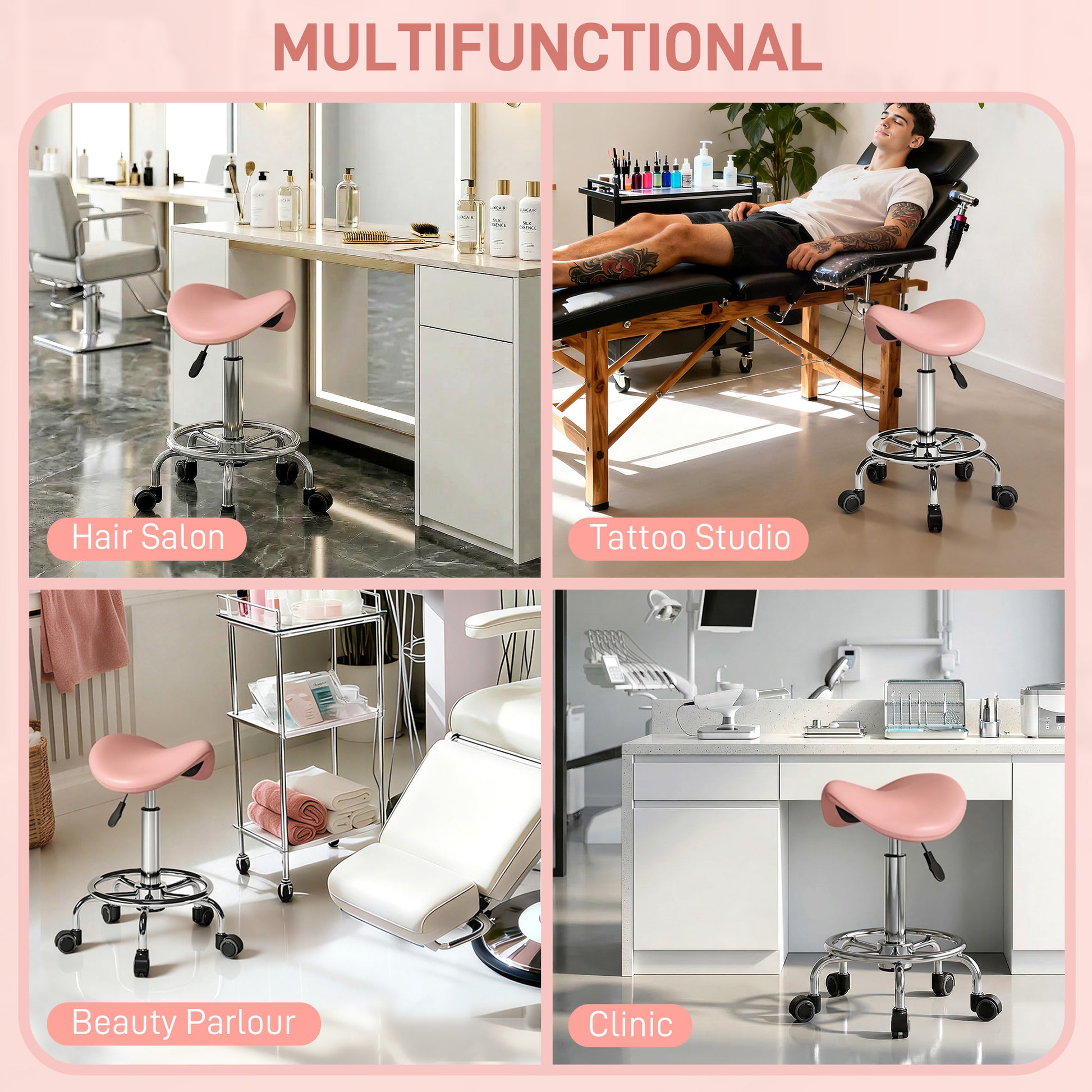 Saddle Stool, PU Leather Adjustable Rolling Salon Chair, Pink