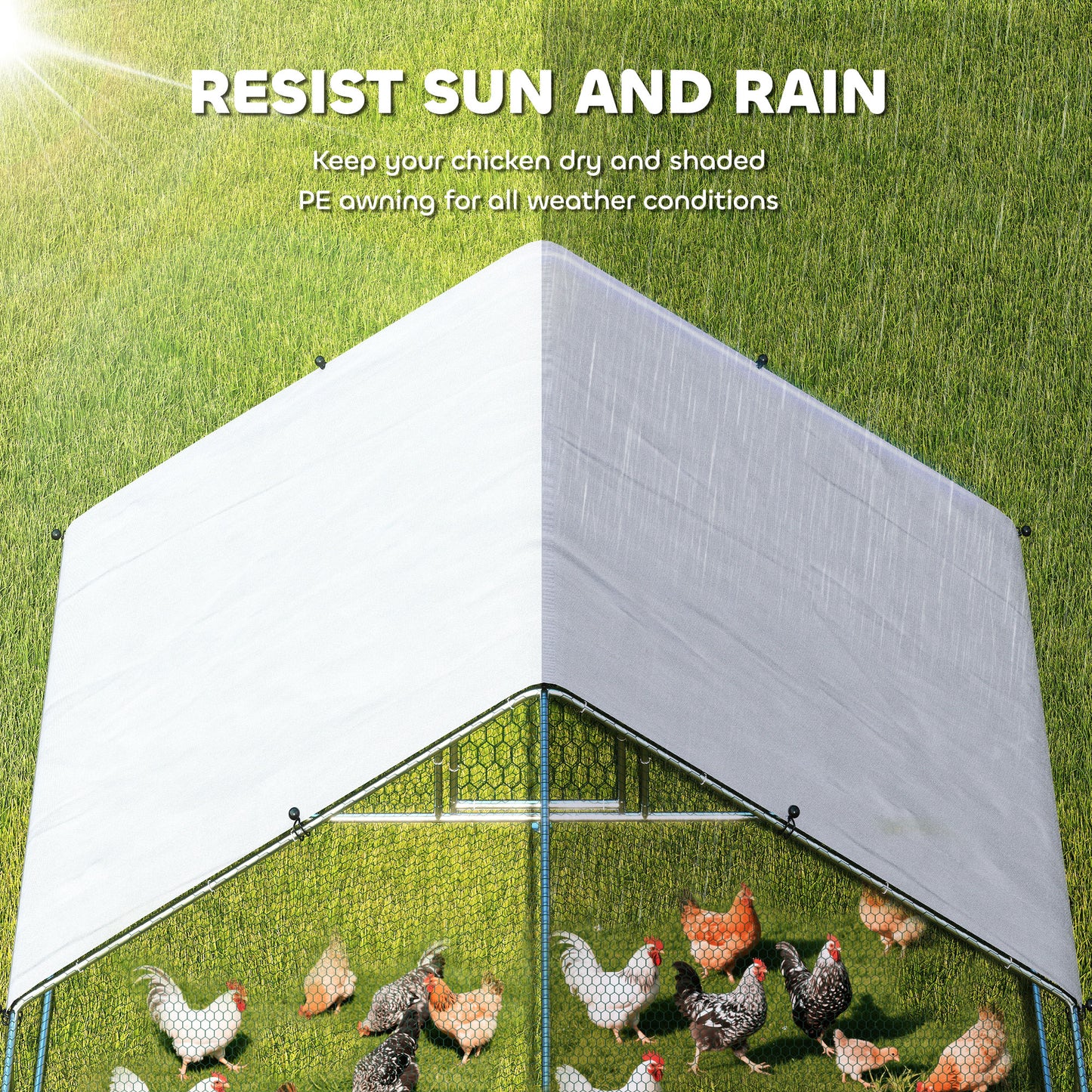 Metal Chicken Coop with Water- and UV-Protection Cover for Backyard Hen, Duck, Rabbit, 32.8' x 9.8' x 6.4'