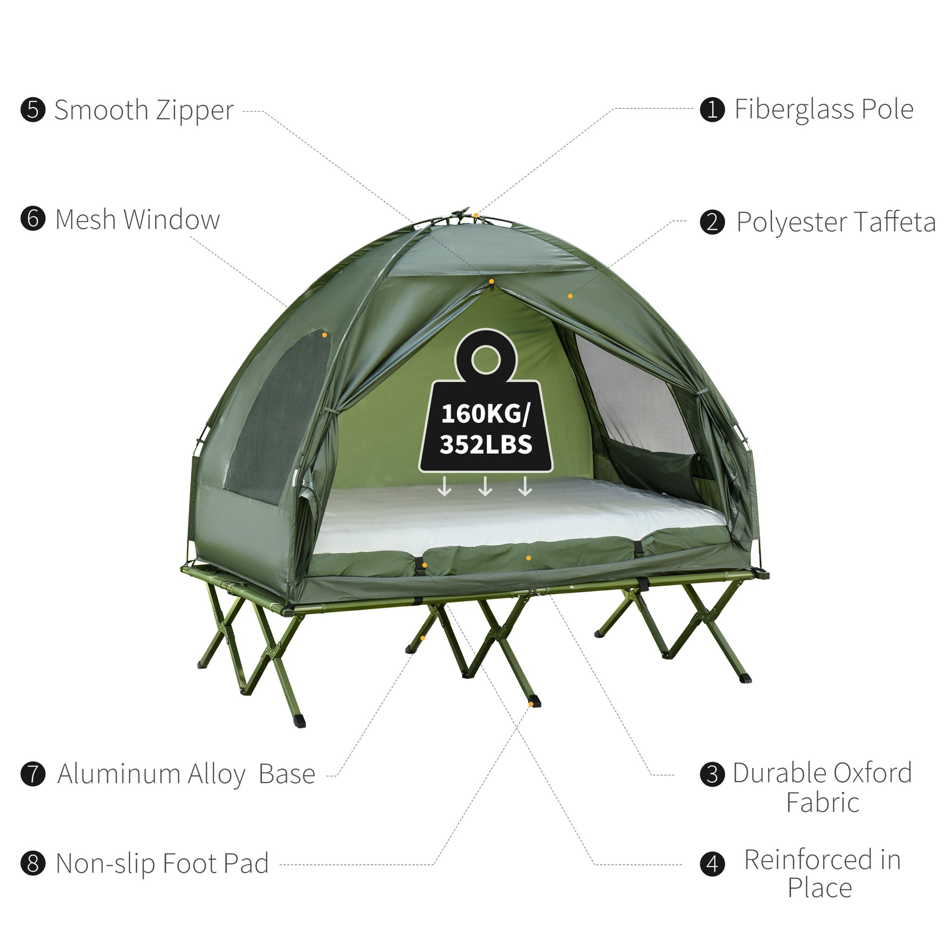 All in 1 Camping Combo Portable Folding Camping Tent Cot Air Mattress w/ Carry Bag and Pump Hiking Shelter Sleeping Bed Dark Green