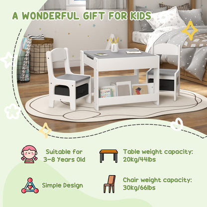 Qaba 3 Piece Kids Table and Chair Set with Reversible Tabletop, Blackboard, Storage, Bookshelf, for Playroom, Nursery, Grey