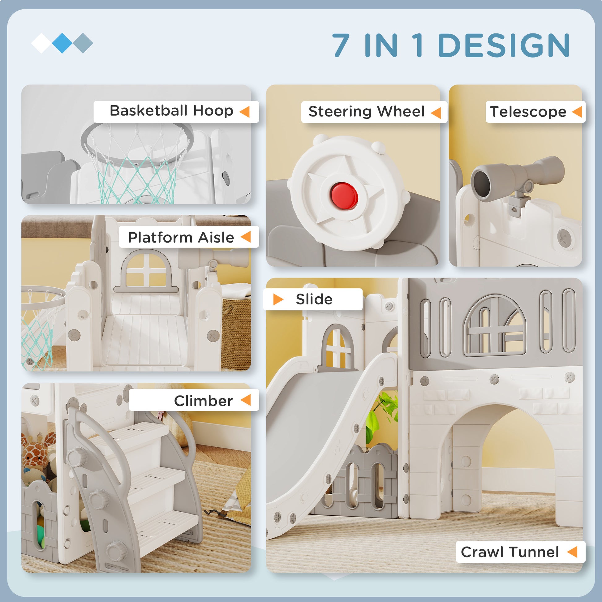 Qaba 9 in 1 Toddler Slide with Basketball Hoop, Climber, Telescope, Tunnel, Steering Wheel, for 1-3 Years, Grey