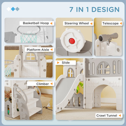 Qaba 9 in 1 Toddler Slide with Basketball Hoop, Climber, Telescope, Tunnel, Steering Wheel, for 1-3 Years, Grey