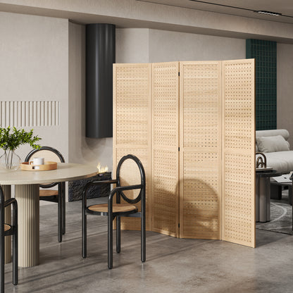 5.6 Ft. Tall 4-Panel Room Divider, Pegboard Panel Freestanding Folding Privacy Screen Panels, Partition Wall Divider for Indoor Bedroom Office, Natural