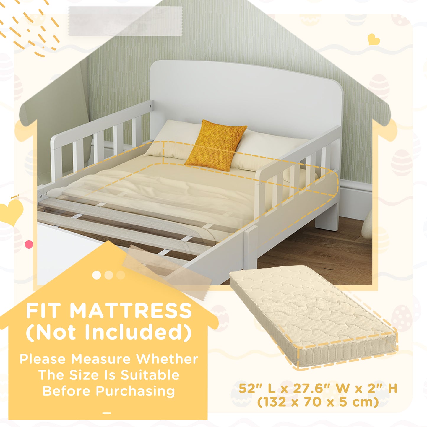Qaba Toddler Bed Frame with Safety Side Rails for Girls and Boys, Bedroom Furniture, White