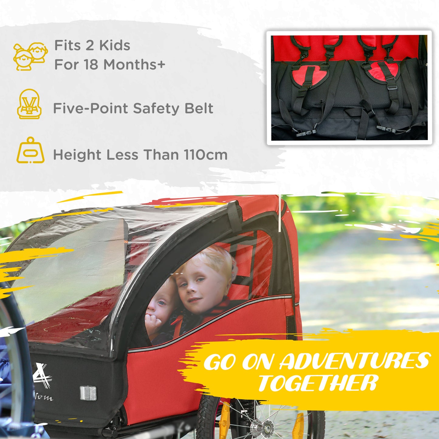 Aosom 2 Seat Bike Trailer for Kids, Baby Stroller with Storage Bag, 5 Point Harness, Bicycle Trailer with 20" Wheels, Red