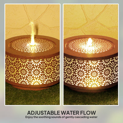 Outdoor Water Fountain with LED Lights, 10" Tall Garden Waterfall Fountain with Adjustable Flow, Brown