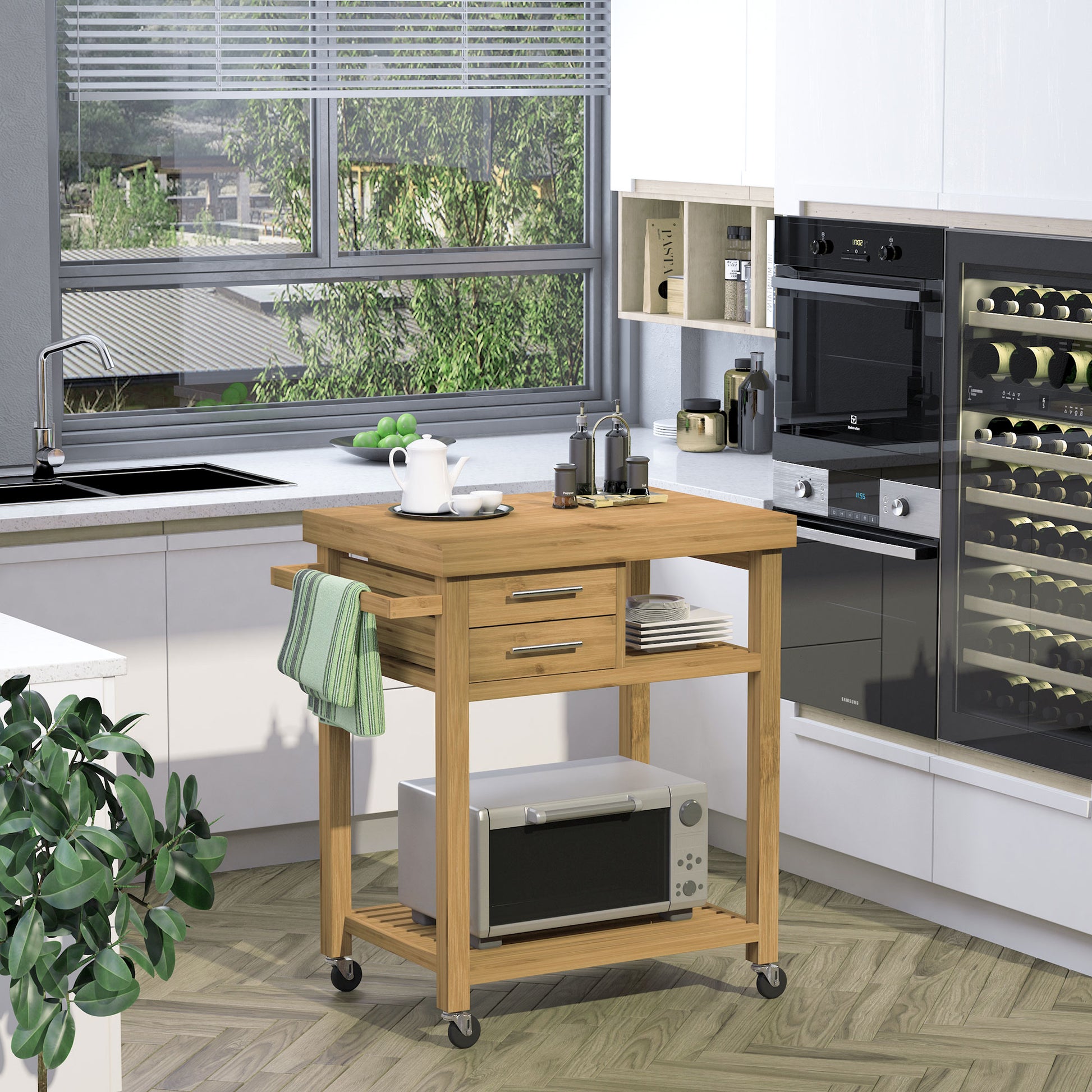 Bamboo Rolling Kitchen Island Trolley with Drawers & Shelves