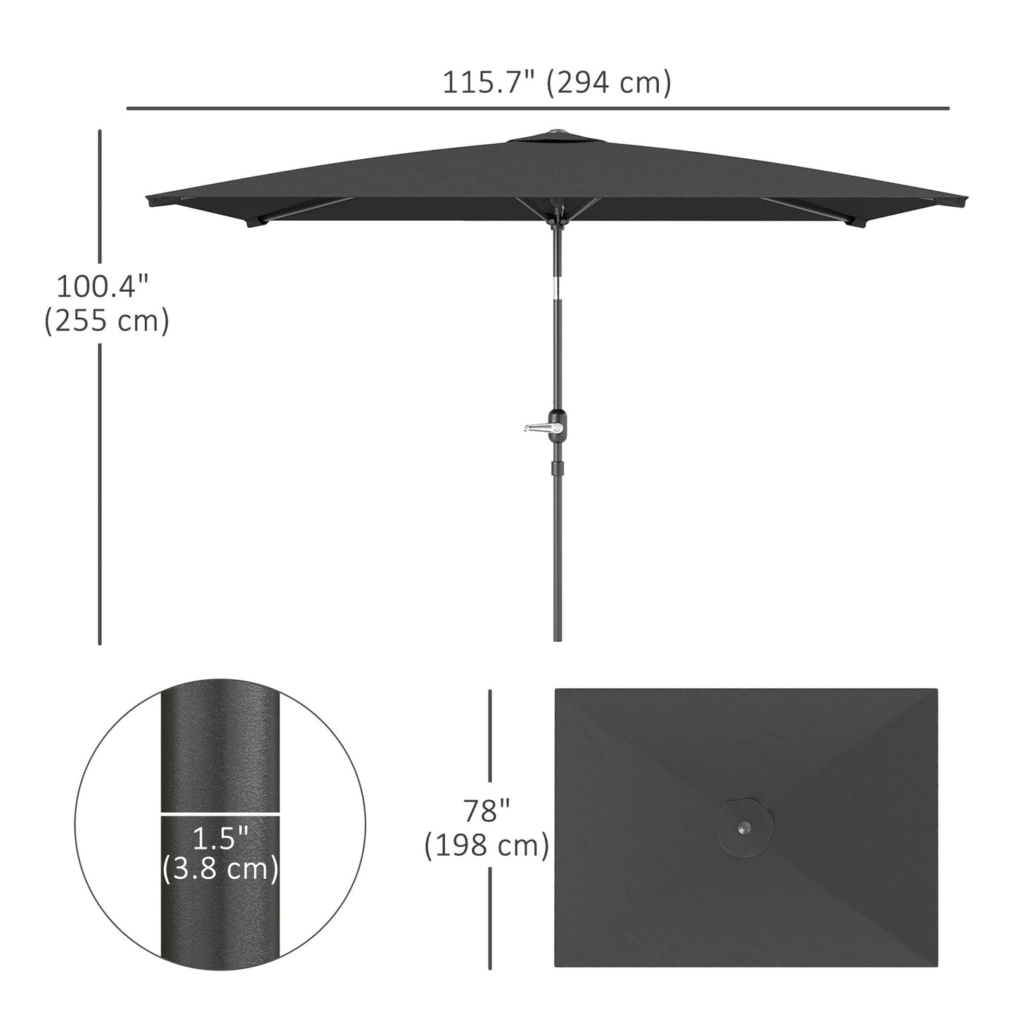 6.6x9.6ft Rectangle Aluminum Tilt Patio Umbrella, Garden Market Parasol, Outdoor Sunshade Canopy with Crank, Dark Grey