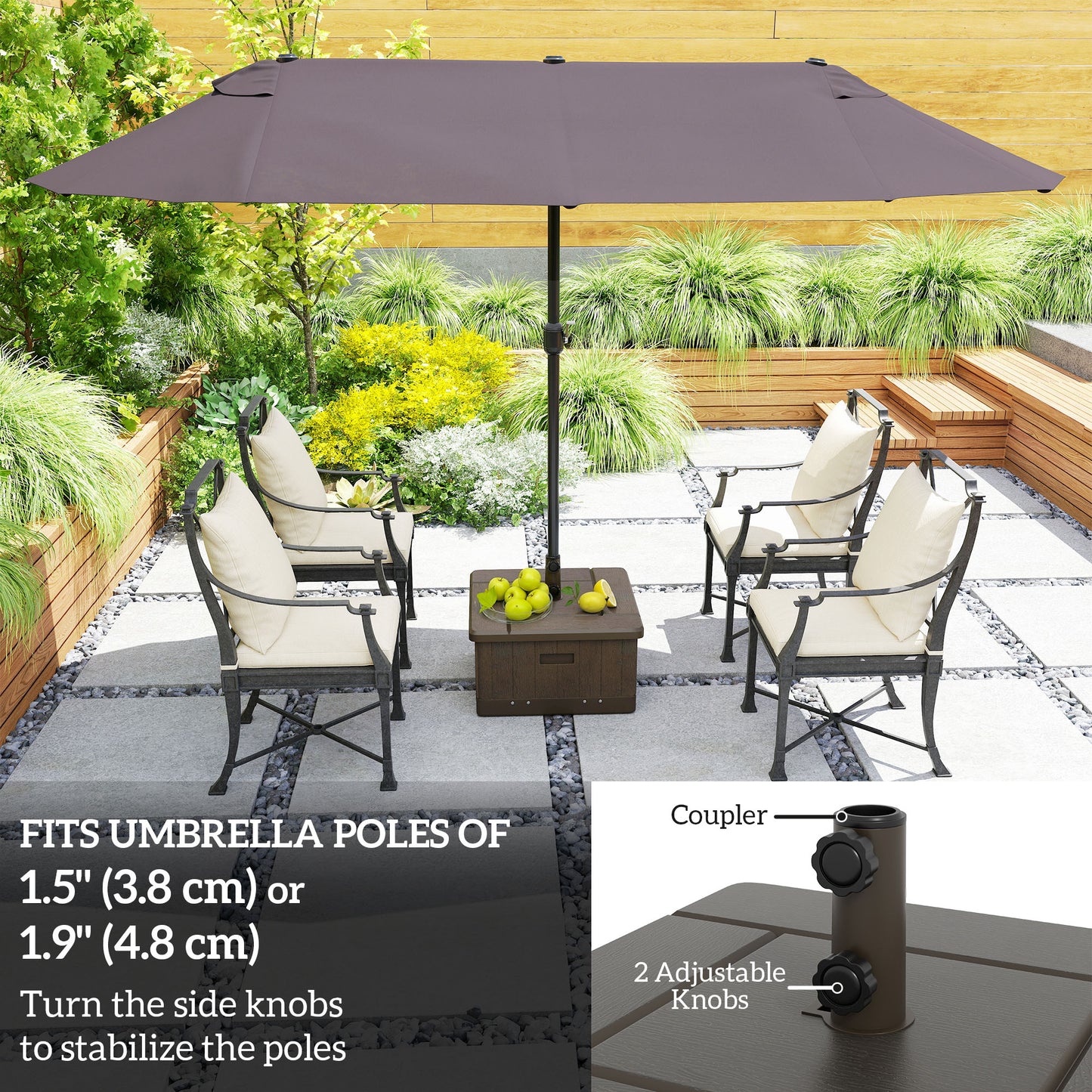 3-in-1 Outdoor Umbrella Base with Wheels and Handles, End Table, Flower Box Planter with Hole, 176 lbs. Capacity, Brown