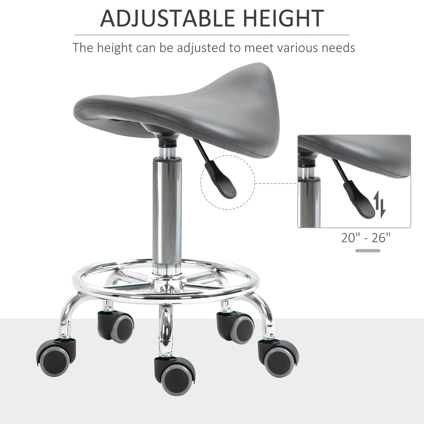 Saddle Stool, PU Leather Adjustable Rolling Salon Chair for Massage, Spa, Clinic, Beauty and Tattoo, Grey