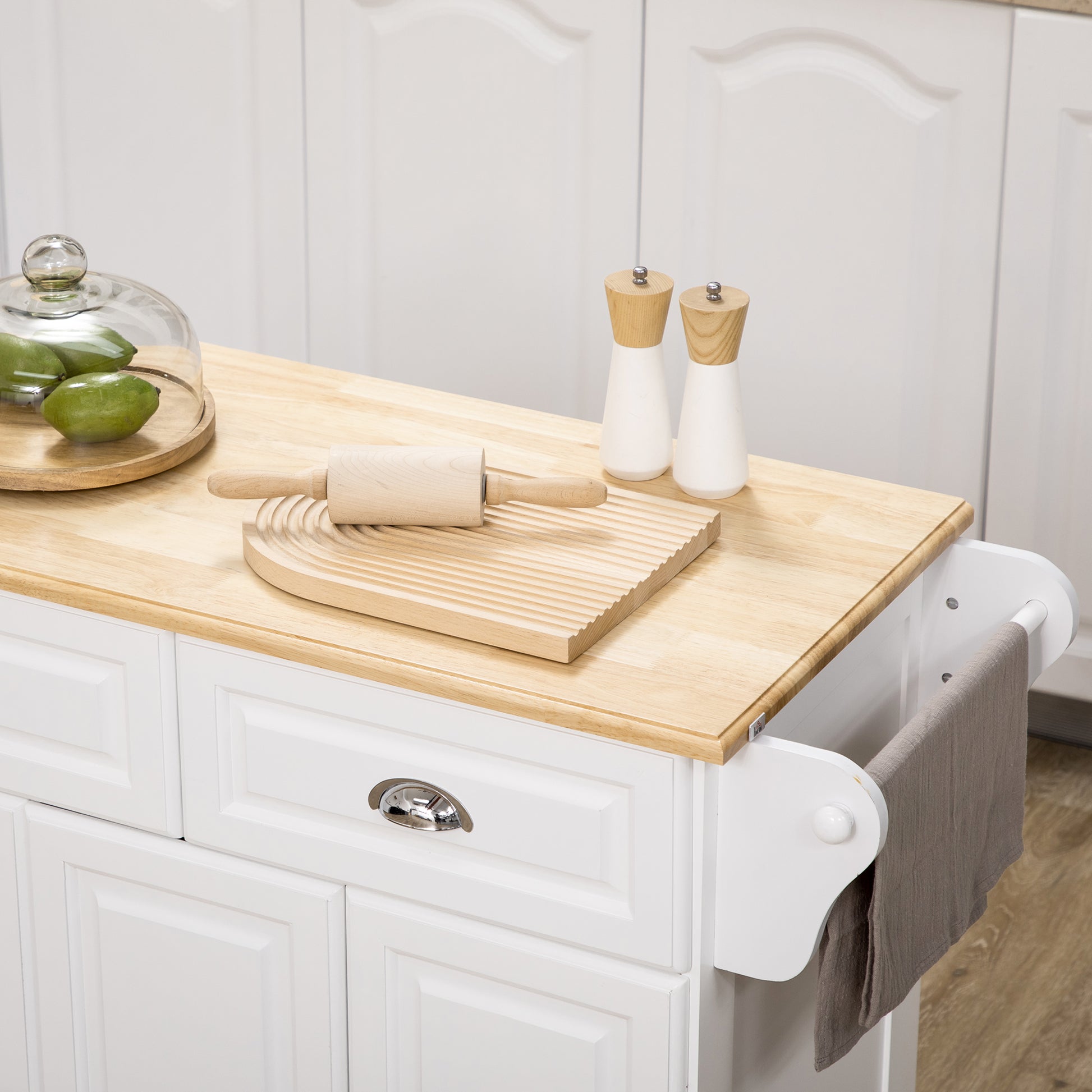 Kitchen Island With Storage Rolling Kitchen Serving Cart with Rubber Wood Top Towel Rack Storage Drawer Cabinet, White