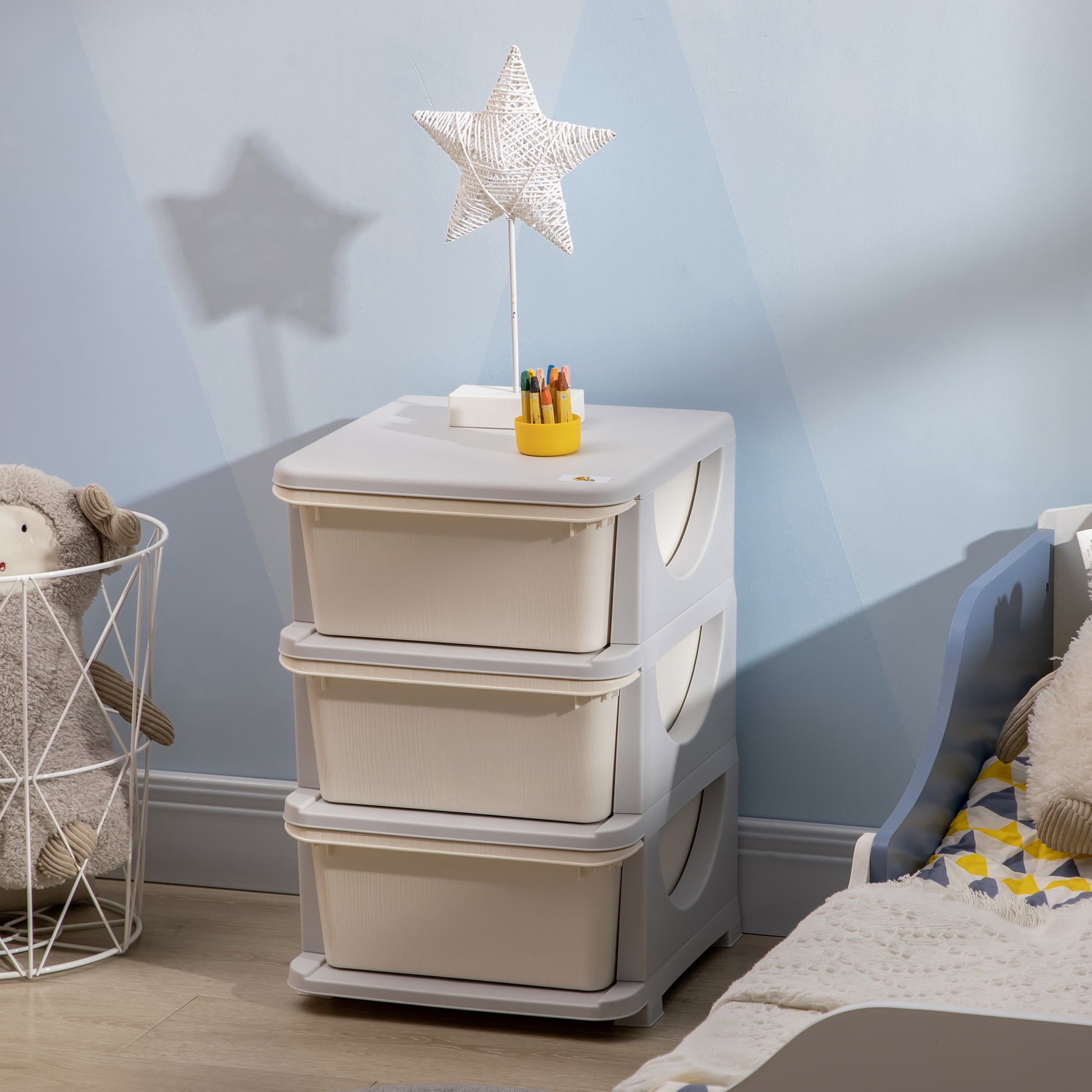 Qaba 3 Tier Kids Toy Organizer and Storage Bins with 3 Plastic Drawers, Cream White