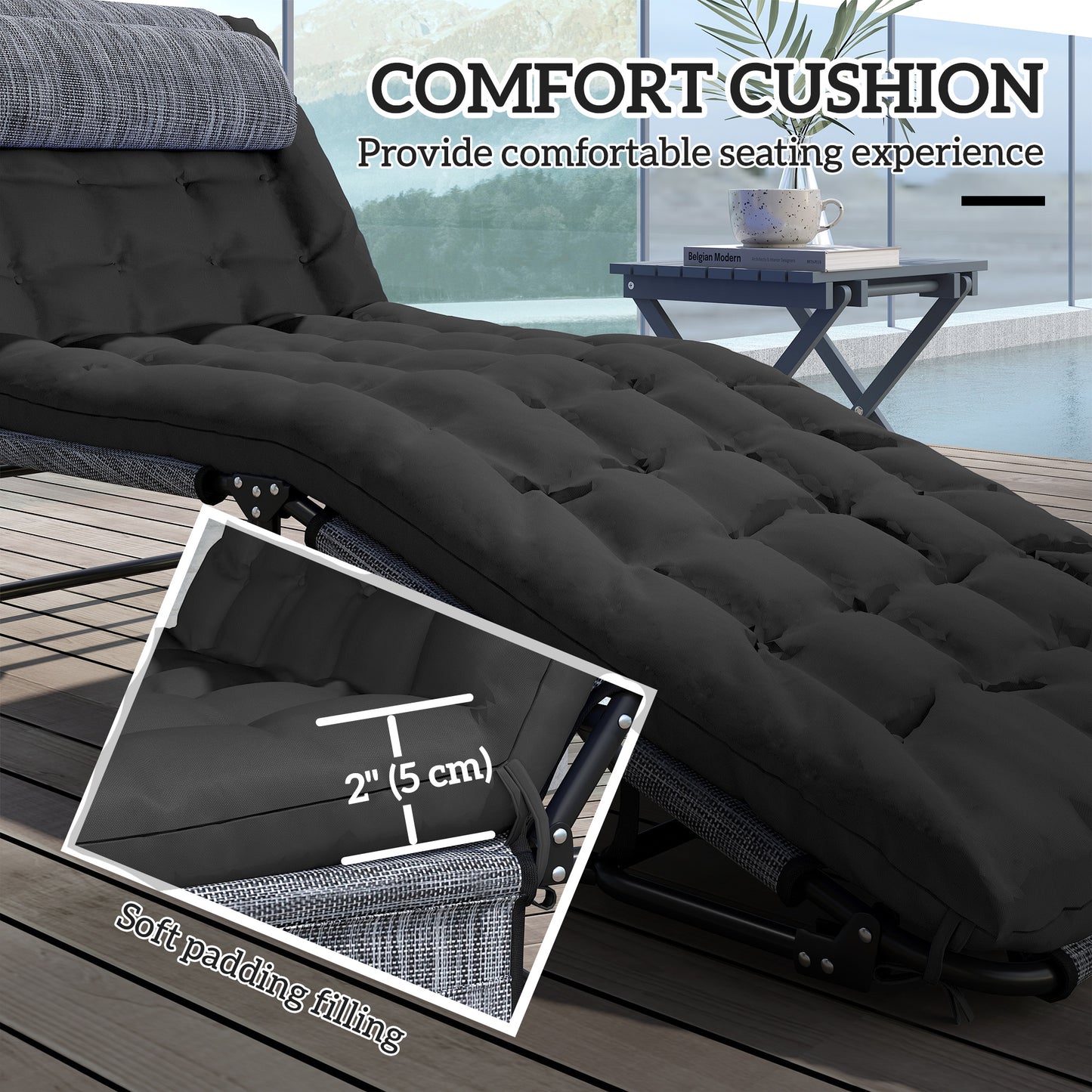 Folding Lounge Chair with 4-level Reclining Back & Cushion, Black