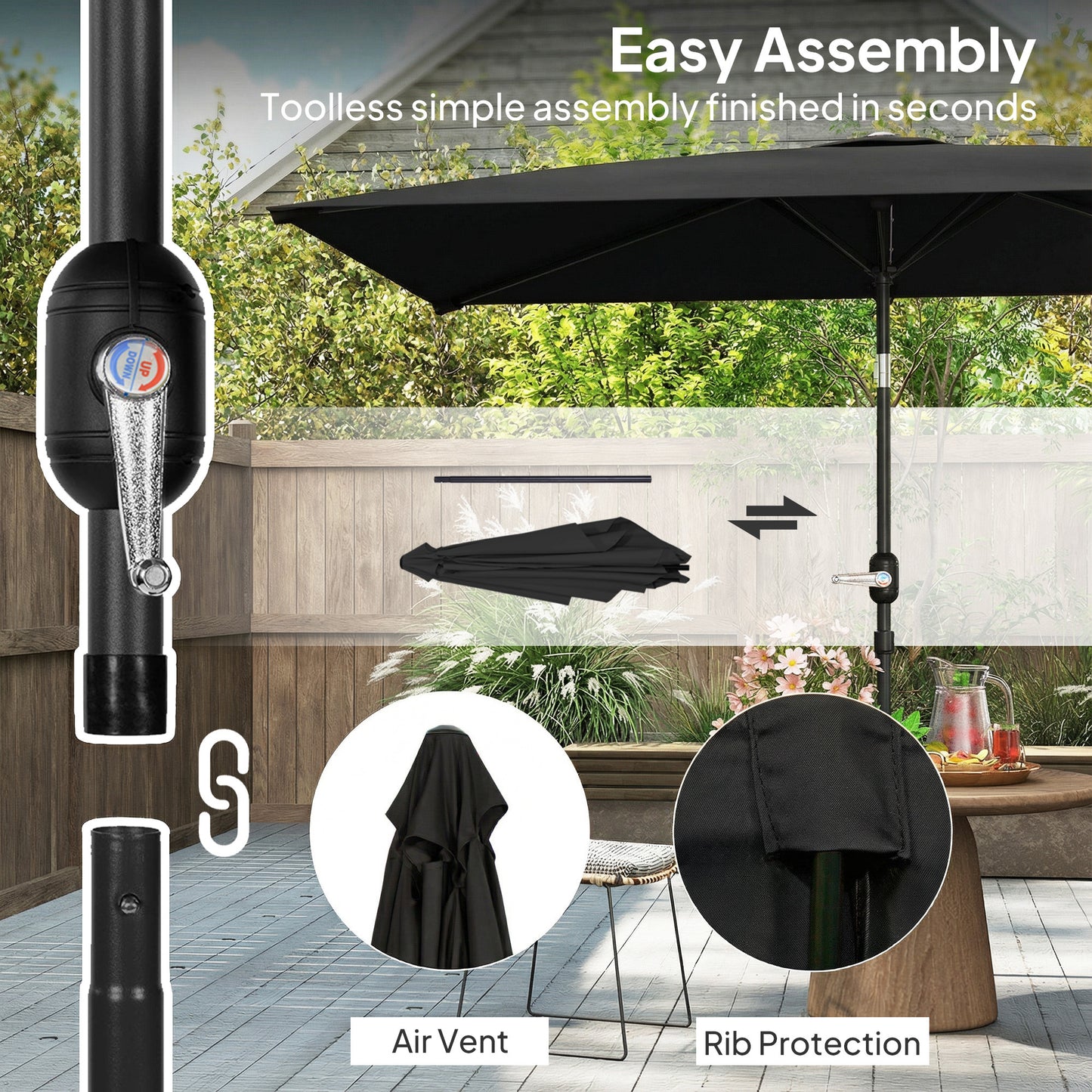 6.4 x 9.7ft Rectangle Aluminum Tilt Patio Umbrella, Garden Market Parasol, Outdoor Sunshade Canopy with Crank, Black