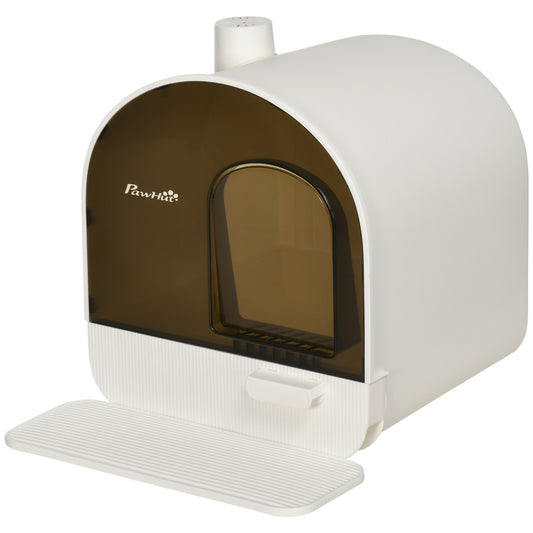 Cat Litter Box with Lid, Removable Tray, Scoop, Filter, White