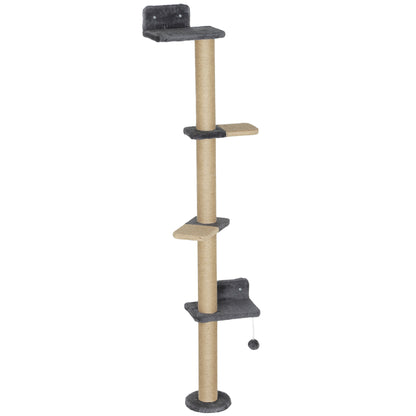 Cat Wall Shelves, Cat Wall Furniture with 4 Platforms, Jute Scratching Post for Indoor Playing, Climbing, Dark Grey
