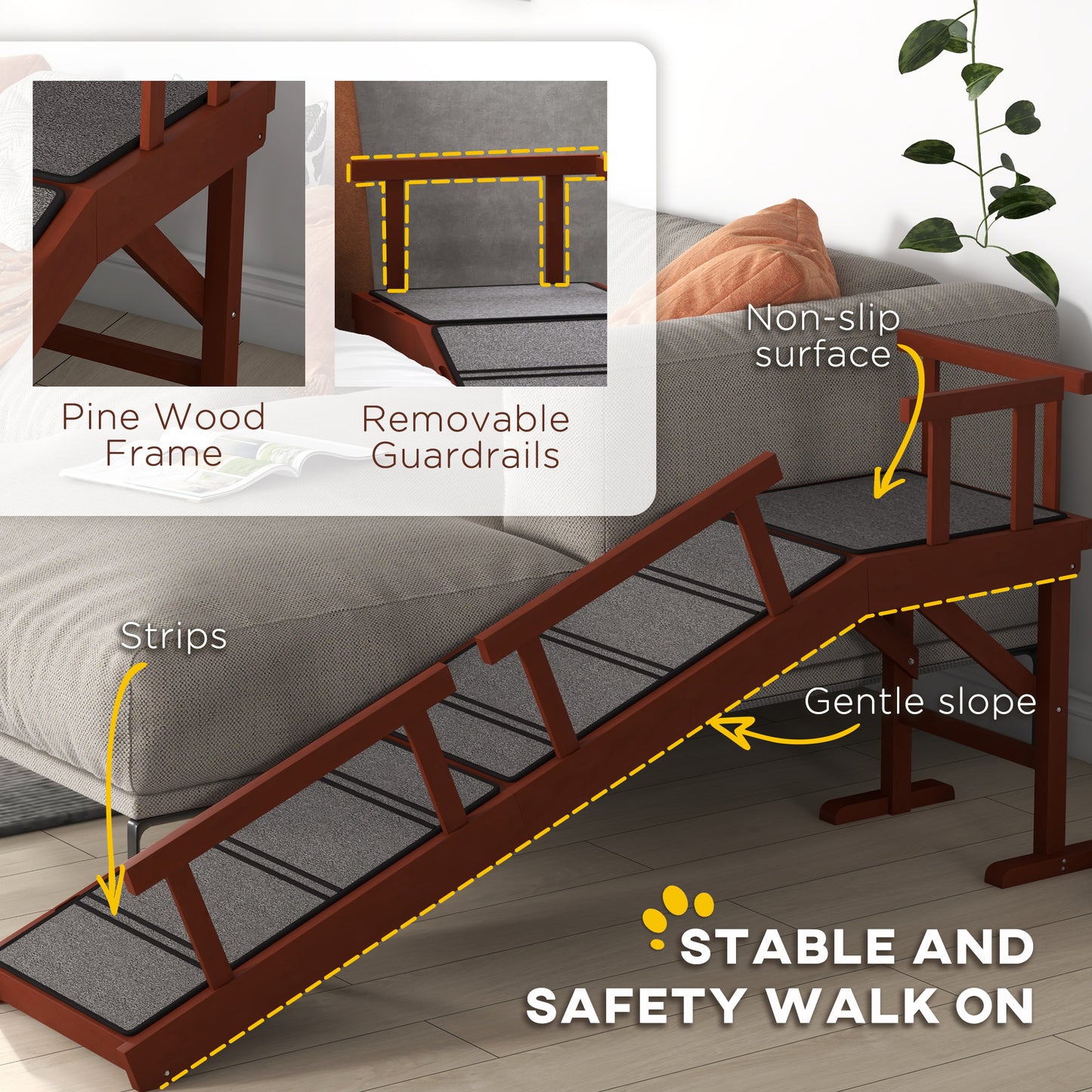 Wooden Dog Ramp for Large Dogs, 60" Long, with Non-slip Rug, Removable Guardrails for Couch, Bed, Brown