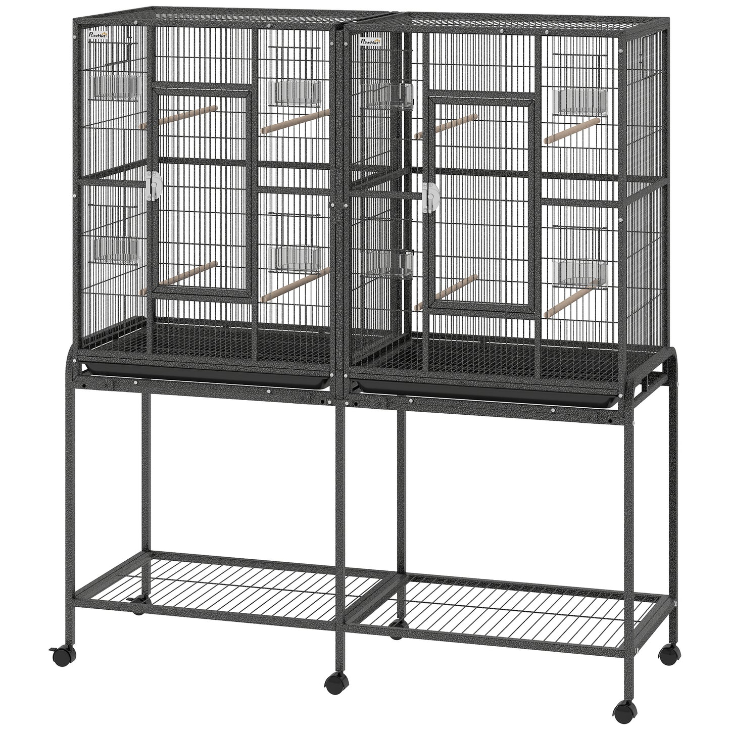 56"H Bird Cage, Parrot Cage w/ Detachable Rolling Stand, Removable Tray, Storage Shelf, Perches, Food Container