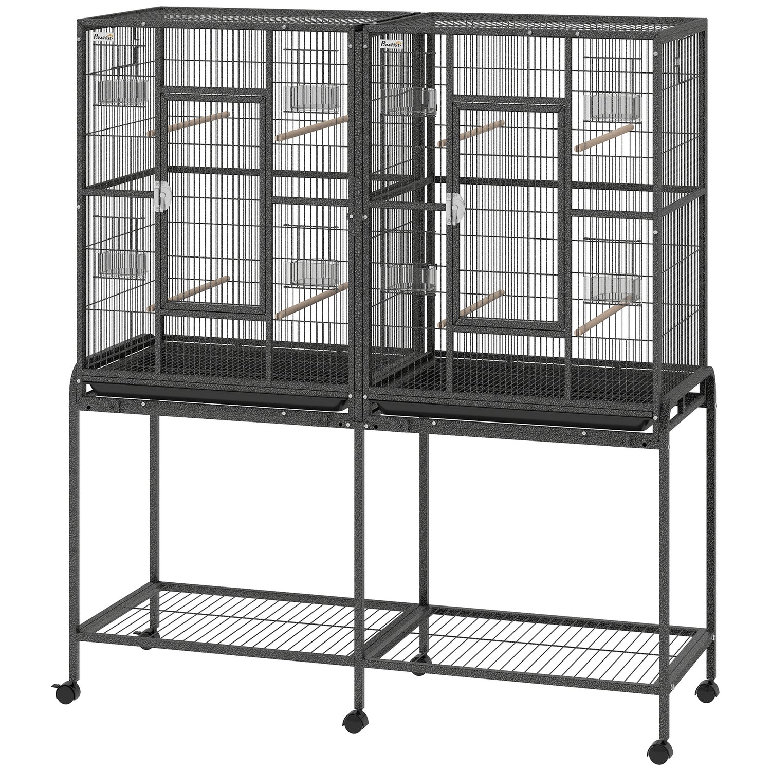 56"H Bird Cage, Parrot Cage w/ Detachable Rolling Stand, Removable Tray, Storage Shelf, Perches, Food Container