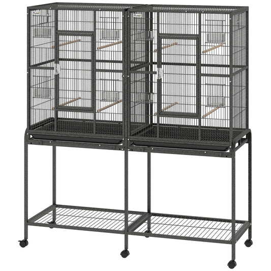 56"H Bird Cage, Parrot Cage w/ Detachable Rolling Stand, Removable Tray, Storage Shelf, Perches, Food Container