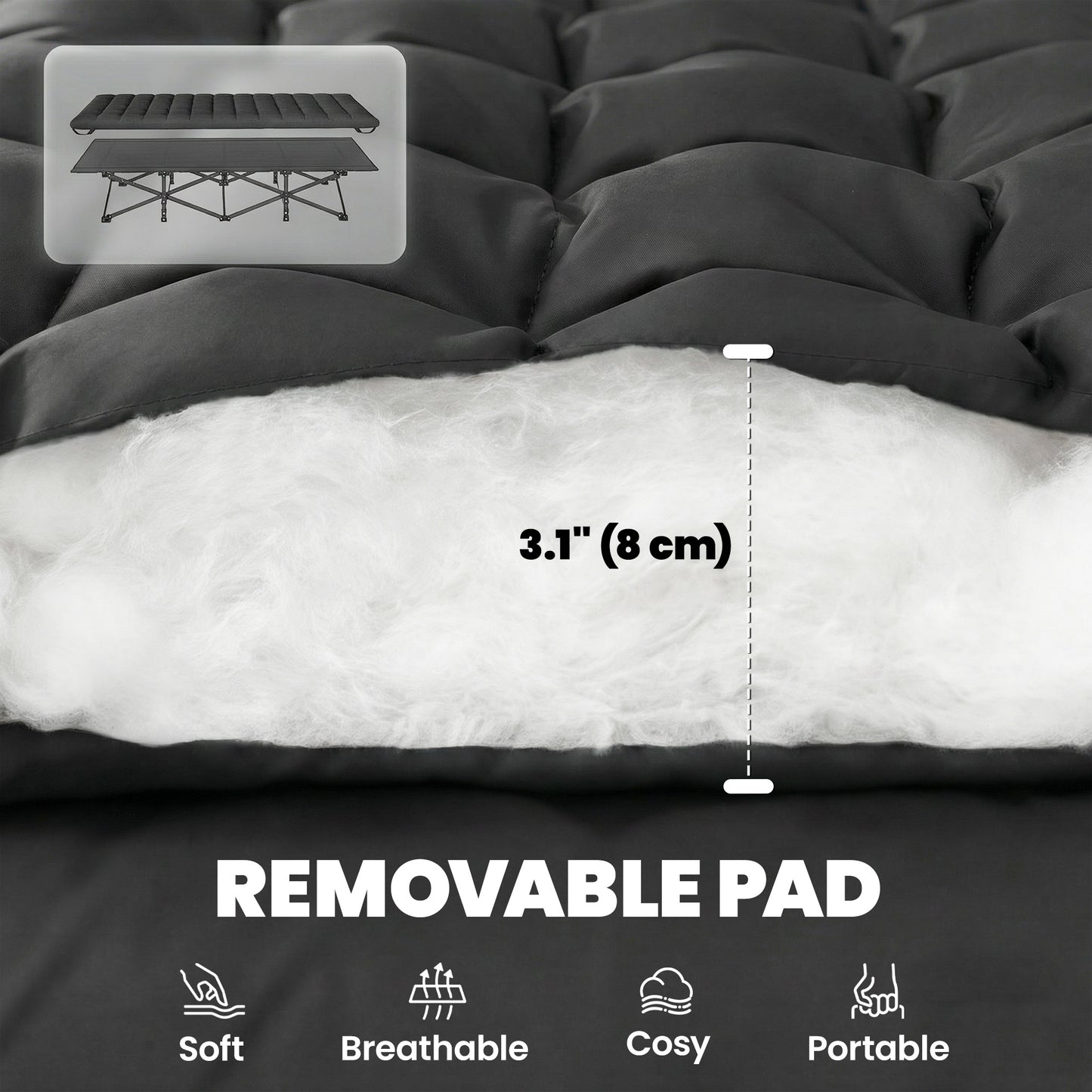 Camping Cot with Soft Pad, 32" Extra Wide Folding Cots with Non-Slip Feet and Carry Bag, Black