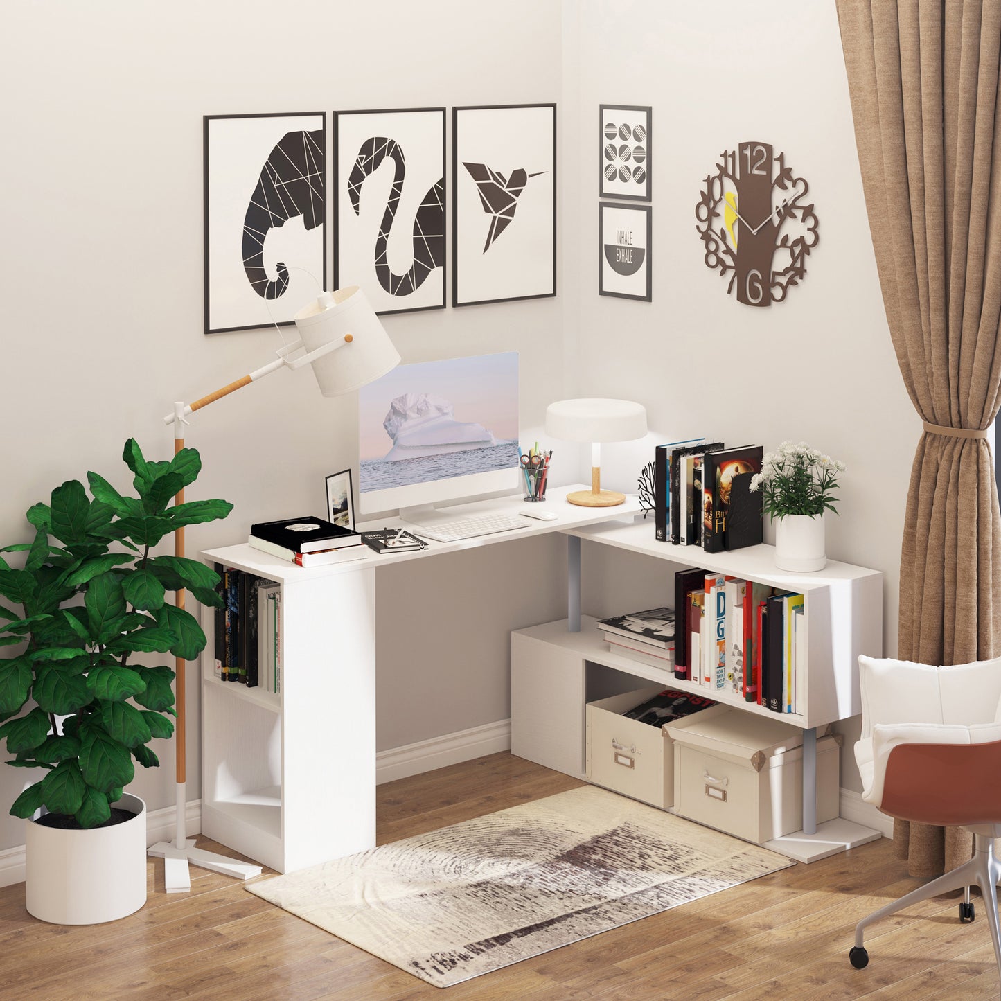 55" Corner Computer Desk, 360° Rotating L-Shaped Desk, Home Office Workstation with 3-Tier Shelves, Bookshelf, White
