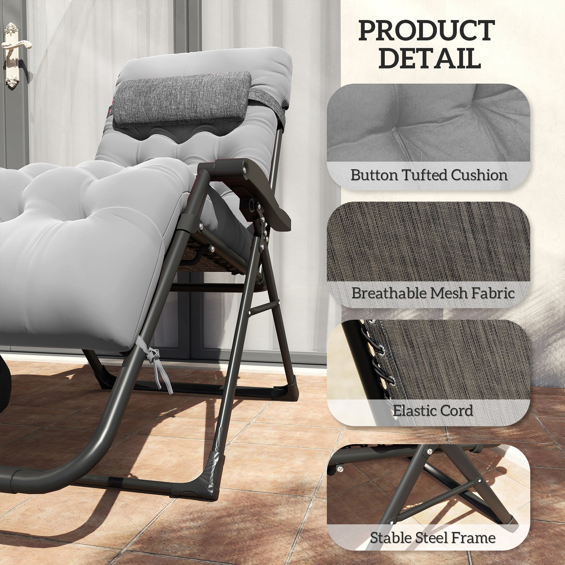 Padded Folding Recliner Chair, Patio Lounger with Cupholder, Adjustable Backrest, Removable Cushion, Grey